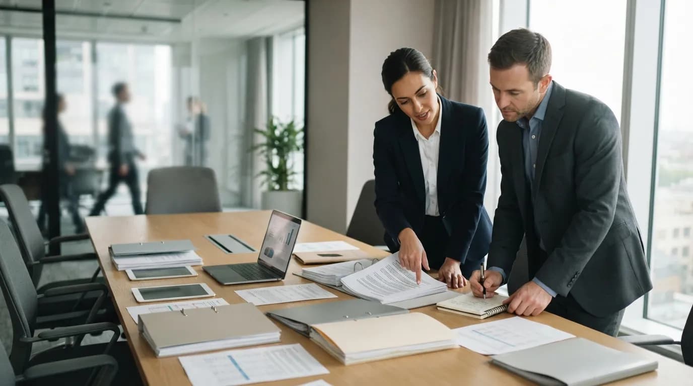 Equipo de consultoría revisa documentación normativa sobre una mesa de trabajo