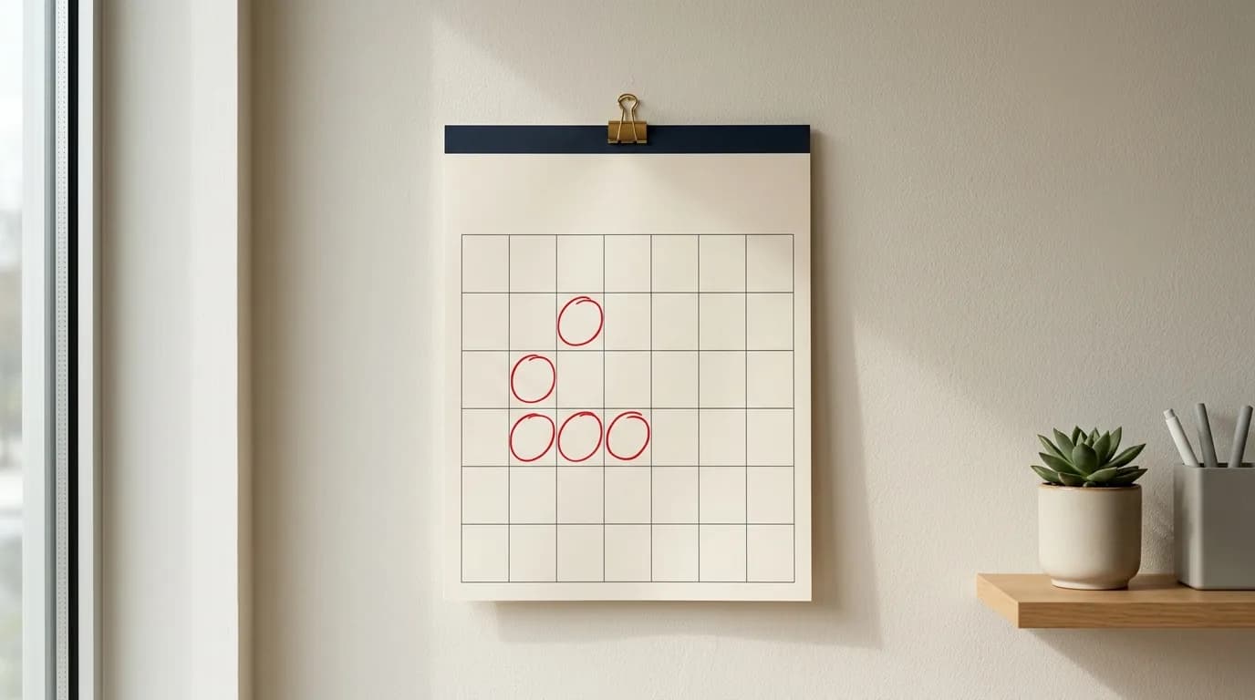 Calendario de pared de papel con varios dias marcados con circulos rojos a mano