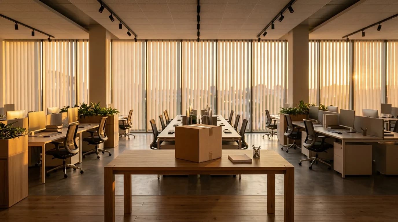 Oficina abierta y vacia al atardecer con una urna de carton sobre una mesa central