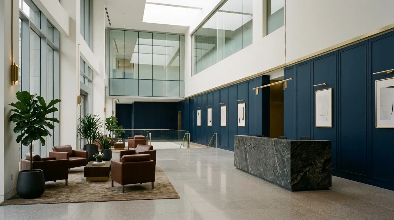 Dos consultores conversan en el hall de un edificio corporativo en Bogota