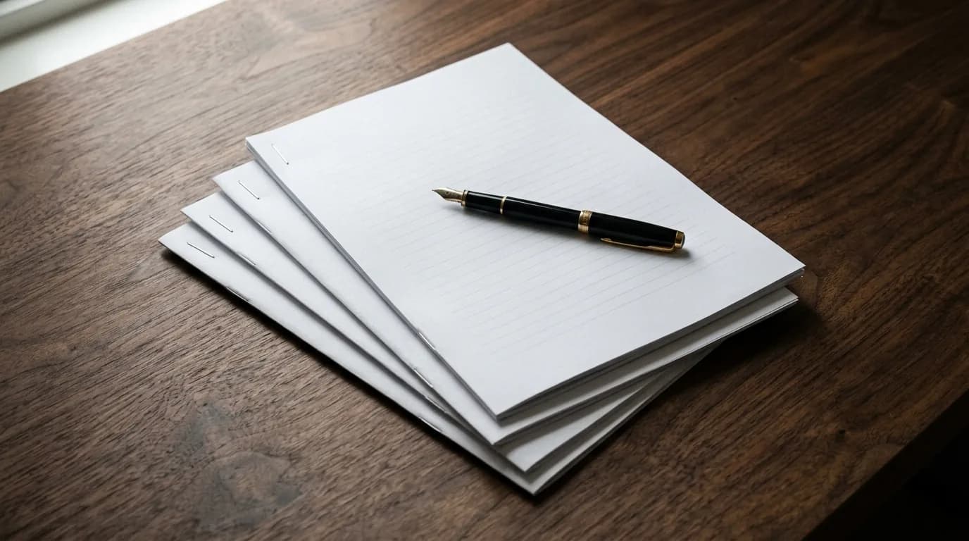 Tres ejemplares de un documento engrapado sobre un escritorio de madera con una pluma