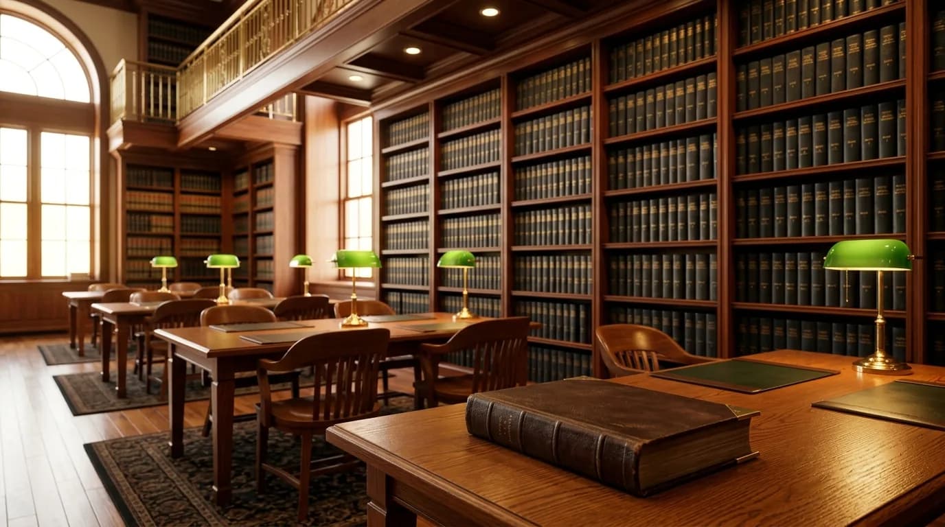 Biblioteca juridica con volumenes encuadernados y un libro cerrado sobre una mesa
