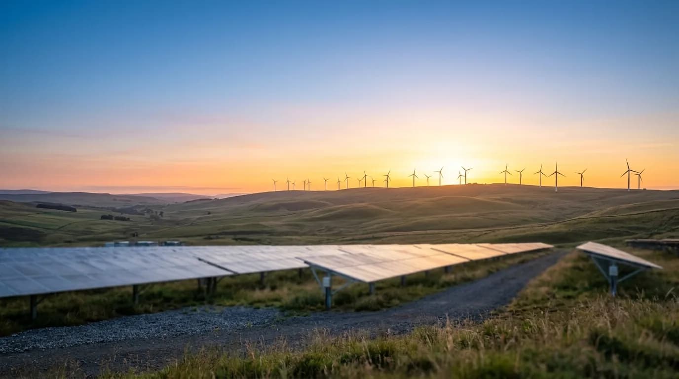 Paneles solares en primer plano y aerogeneradores lejanos al amanecer
