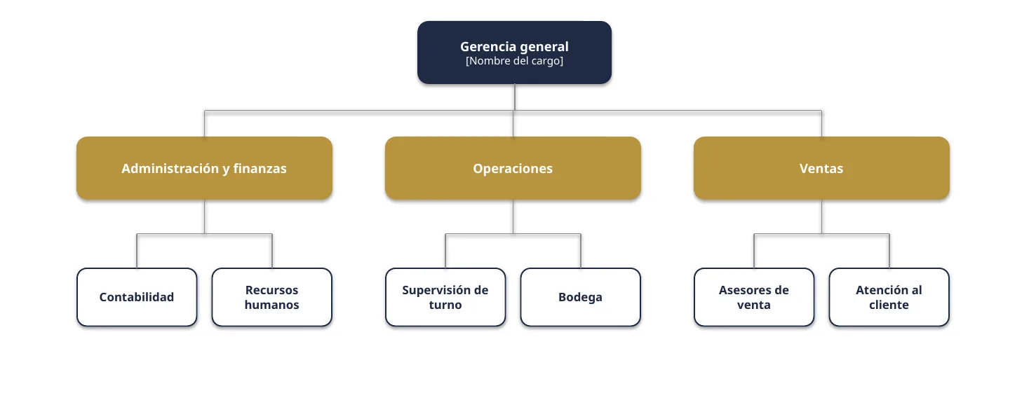 Organigrama vertical: gerencia general arriba; debajo, administración y finanzas, operaciones y ventas, cada una con dos cargos